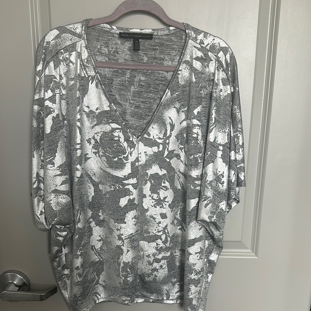 Gray and White Floral Metallic  V-Neck Top